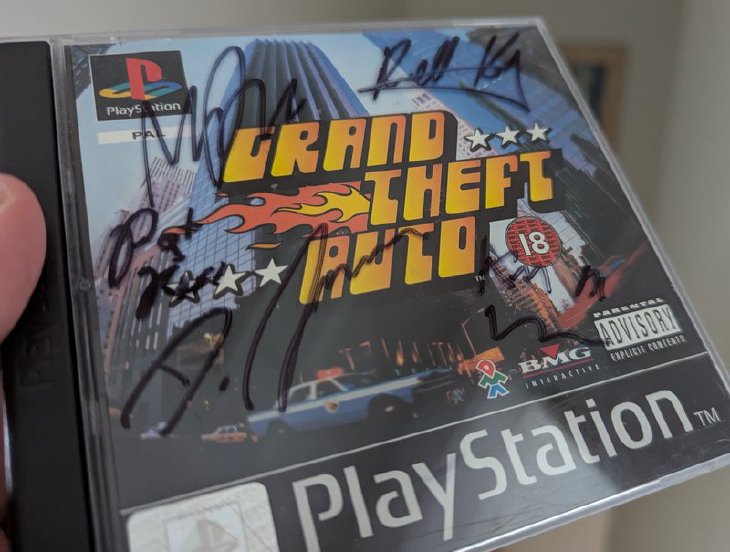 My original release PAL PS1 copy of Grand Theft Auto signed by the DMA Design team