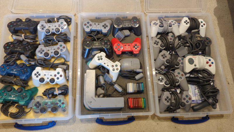 An image of first party controllers for the PlayStation, not including PSOne.